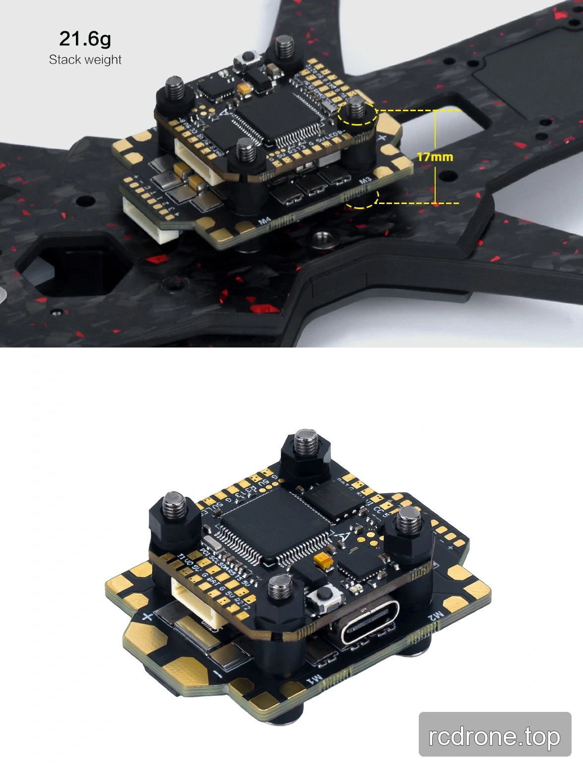 Two-board drone electronics stack mounted on a frame