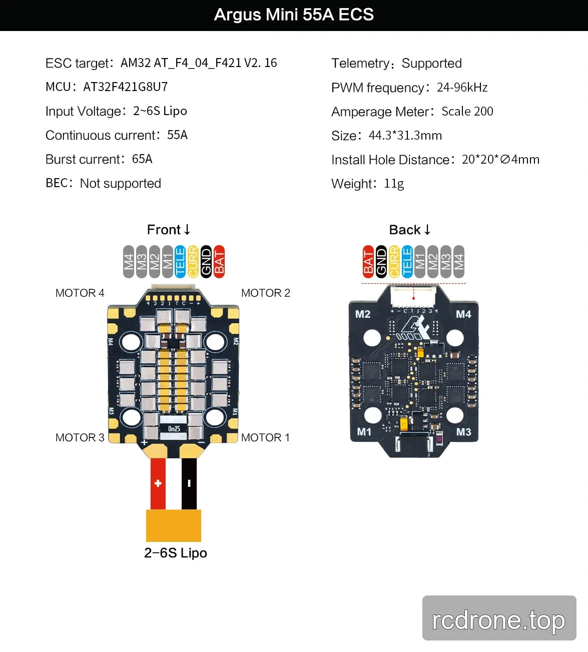 Argus Mini 55A ESC front and rear board views with motor pad labels