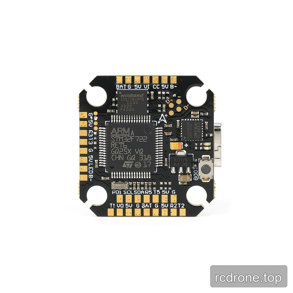 Front-facing product view of the compact flight controller with STM32F722 processor, USB-C port, boot button, and four mounting cutouts.