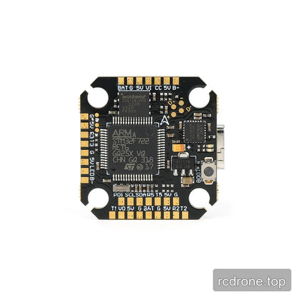 Front-facing product view of the compact flight controller with STM32F722 processor, USB-C port, boot button, and four mounting cutouts.
