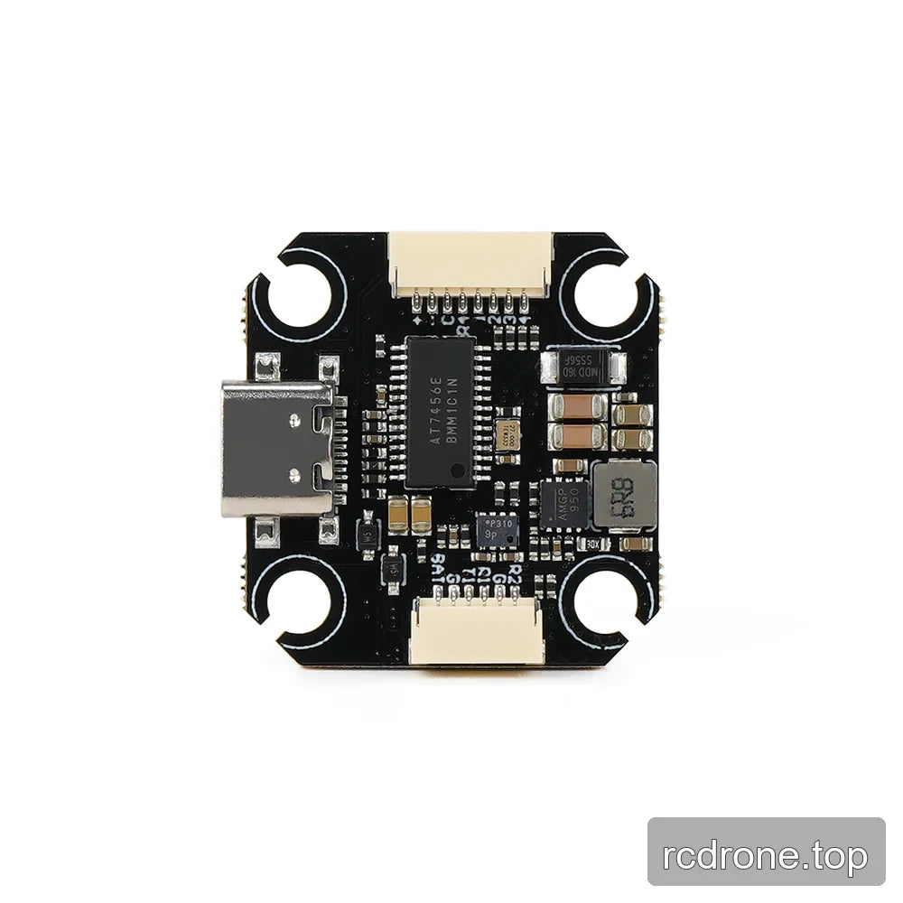 Reverse side of the compact flight controller, showing the USB-C port, two board connectors, integrated components, and four mounting cutouts.
