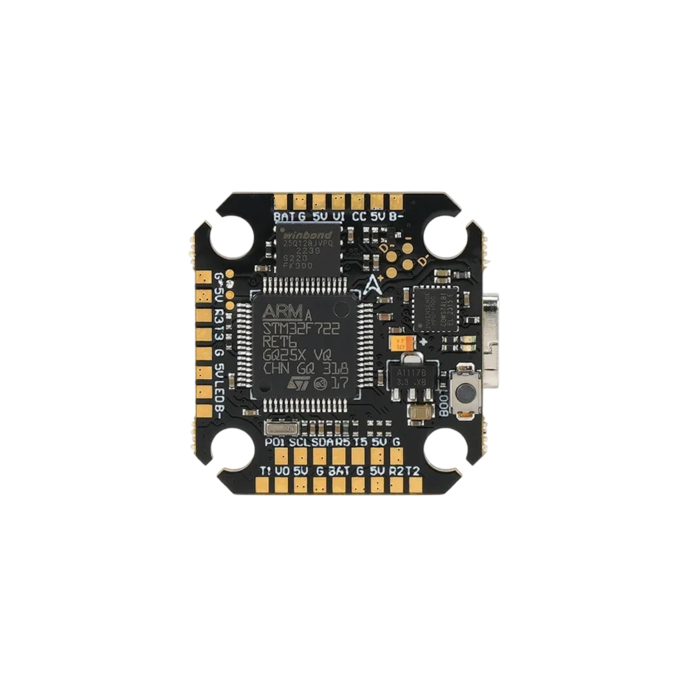 Front side of the Axisflying Argus Pro Mini F7 flight controller, showing the STM32F722 chip, solder pads, and boot button.