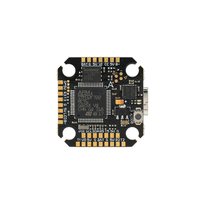 Front side of the Axisflying Argus Pro Mini F7 flight controller, showing the STM32F722 chip, solder pads, and boot button.