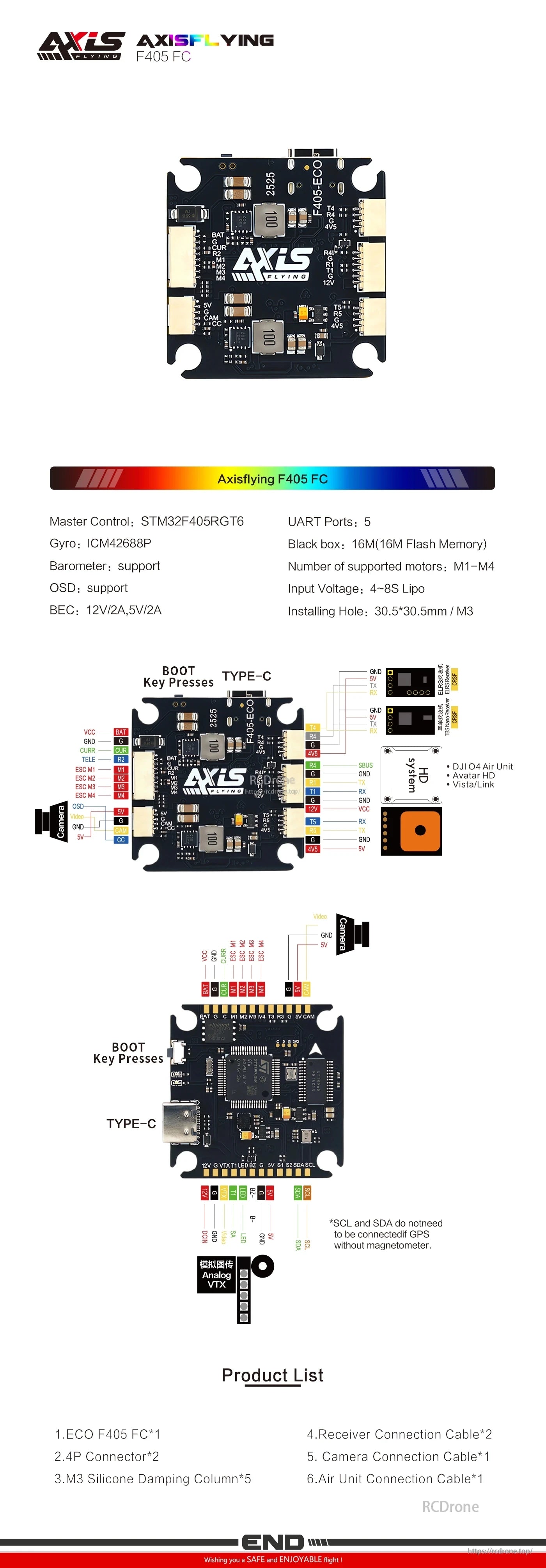 Axisflying ECO F405 Flight Controller, Axisflying F405 FC features STM32F405RG, ICM42688P gyro, 16M flash, OSD, 12V/2A BEC, supports 4 motors, UART ports, HD compatibility, and included cables.