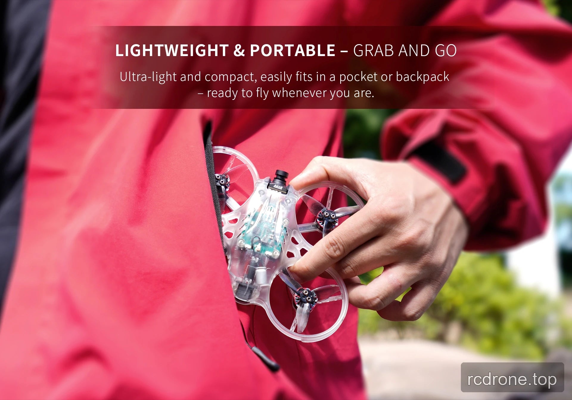 Compact POCKEY 20 FPV drone beside a jacket pocket
