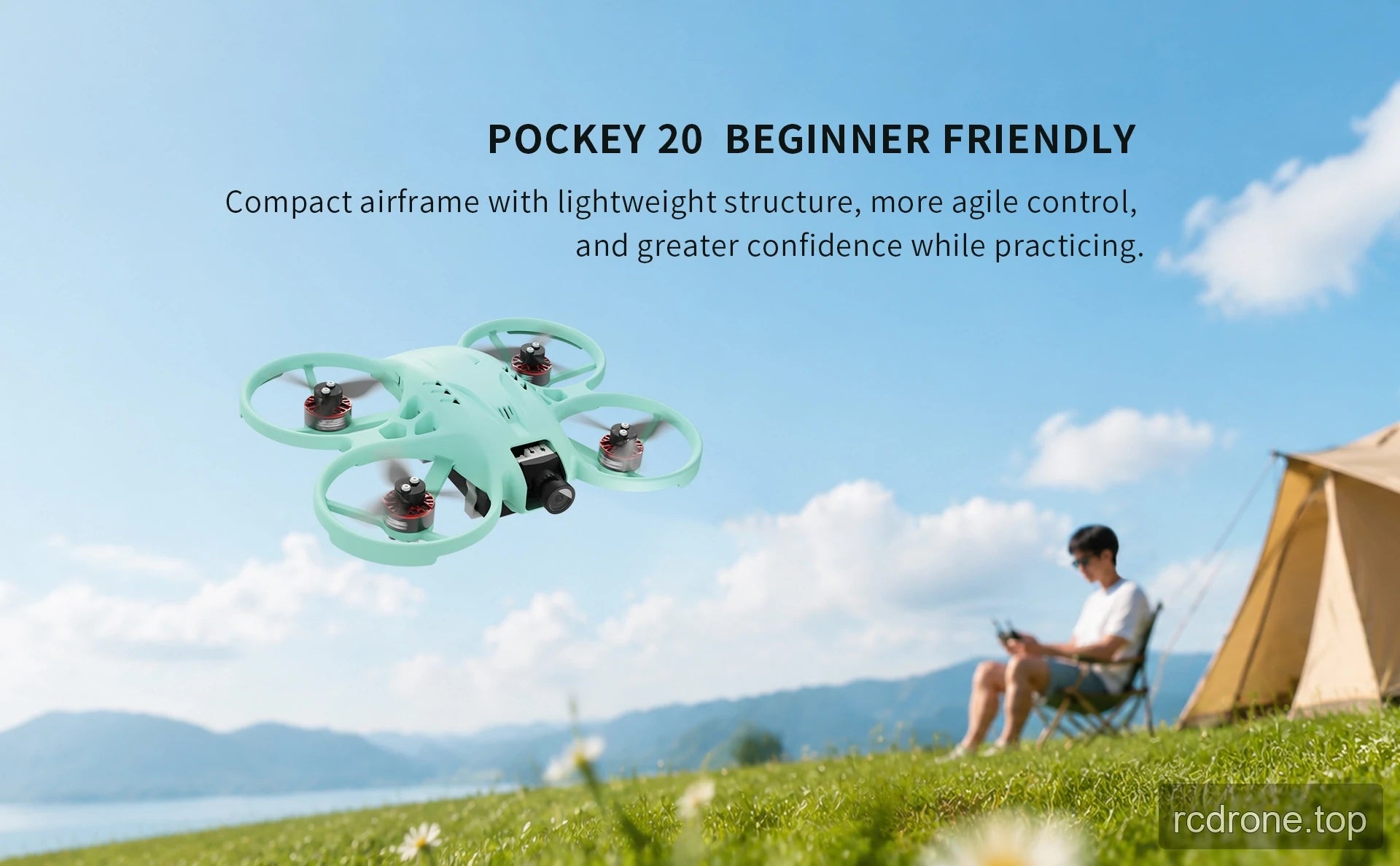 Mint-green POCKEY 20 FPV drone in outdoor flight
