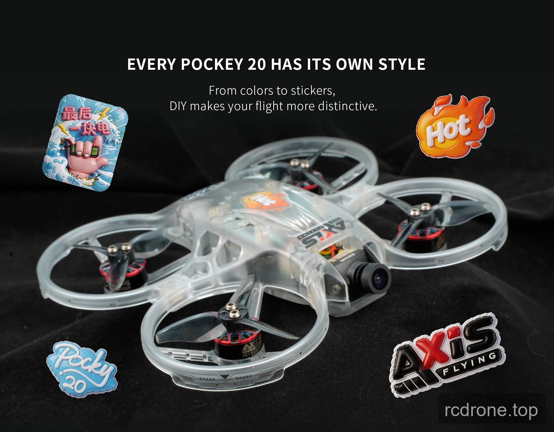 Transparent POCKEY 20 drone with decorative sticker examples