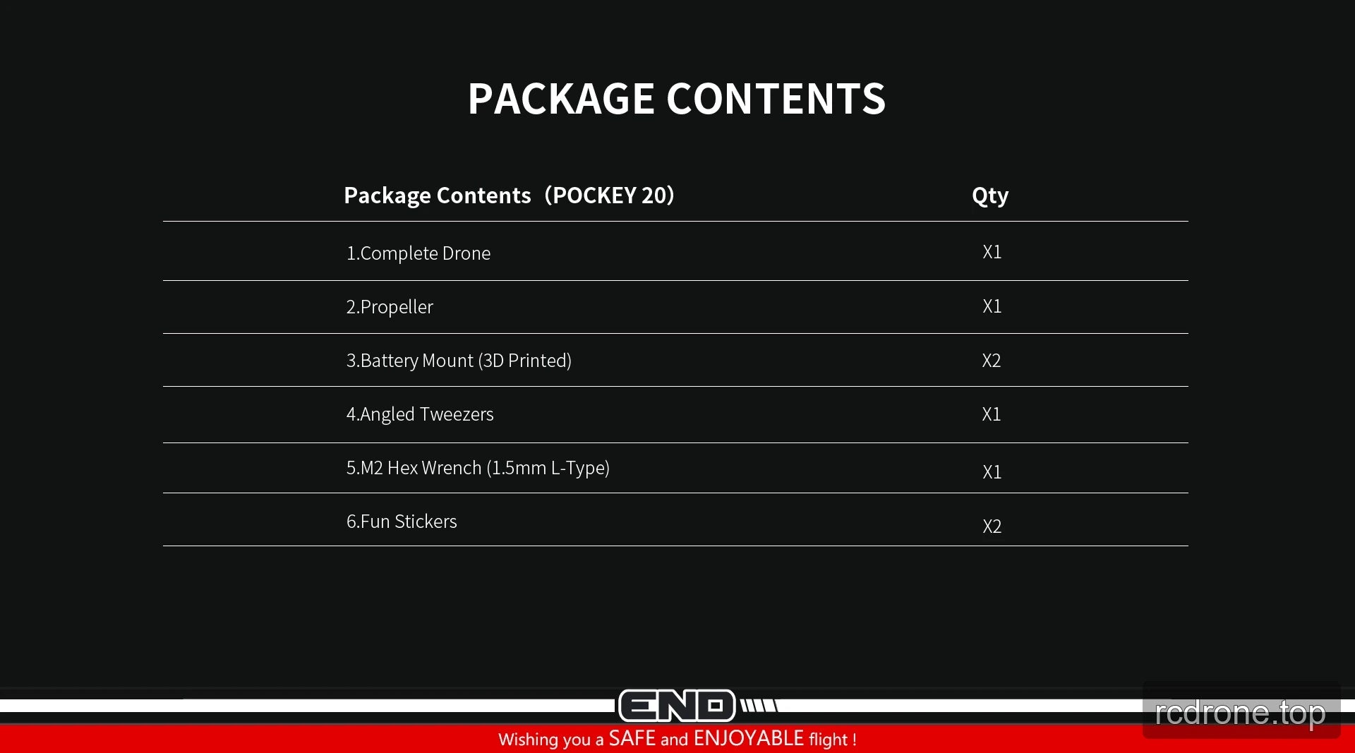 POCKEY 20 package contents and quantities table