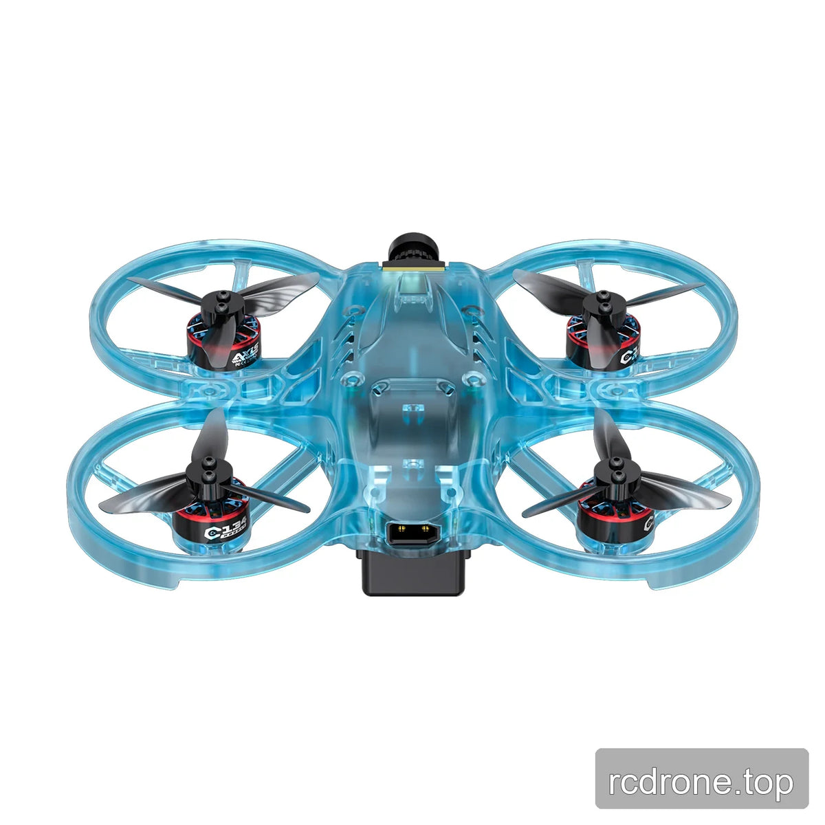 Rear view of the blue translucent ducted FPV drone, showing the four propellers, rear battery area, and camera housing.
