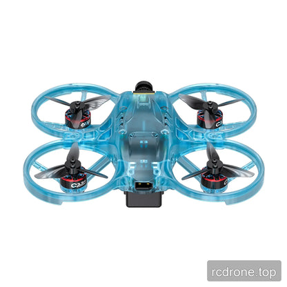 Rear view of the blue translucent ducted FPV drone, showing the four propellers, rear battery area, and camera housing.