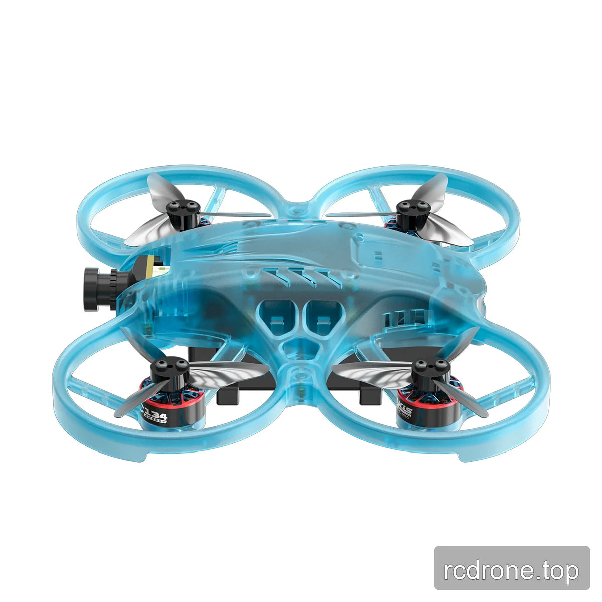 Low side view of the blue translucent ducted FPV drone, showing its camera, four propellers, and enclosed frame.