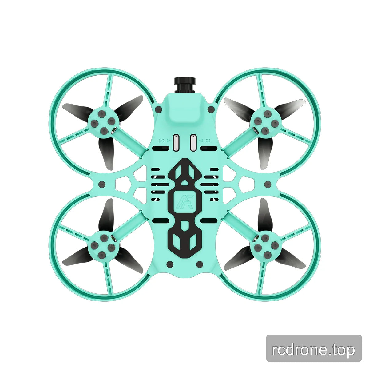Underside view of the mint green ducted FPV drone, showing four propellers, frame screws, and black base details.