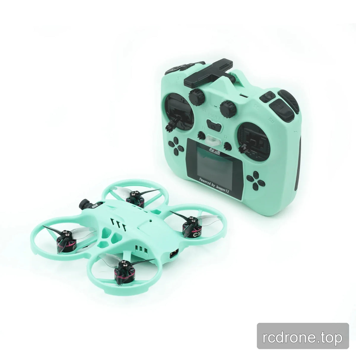 Mint green ducted FPV drone displayed beside a matching mint green radio controller with a screen and control sticks.