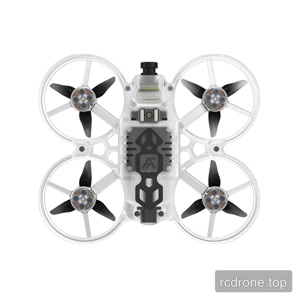 Underside view of the clear translucent ducted FPV drone, showing the bottom plate, propellers, and motor mounts.