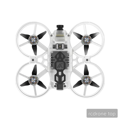 Underside view of the clear translucent ducted FPV drone, showing the bottom plate, propellers, and motor mounts.