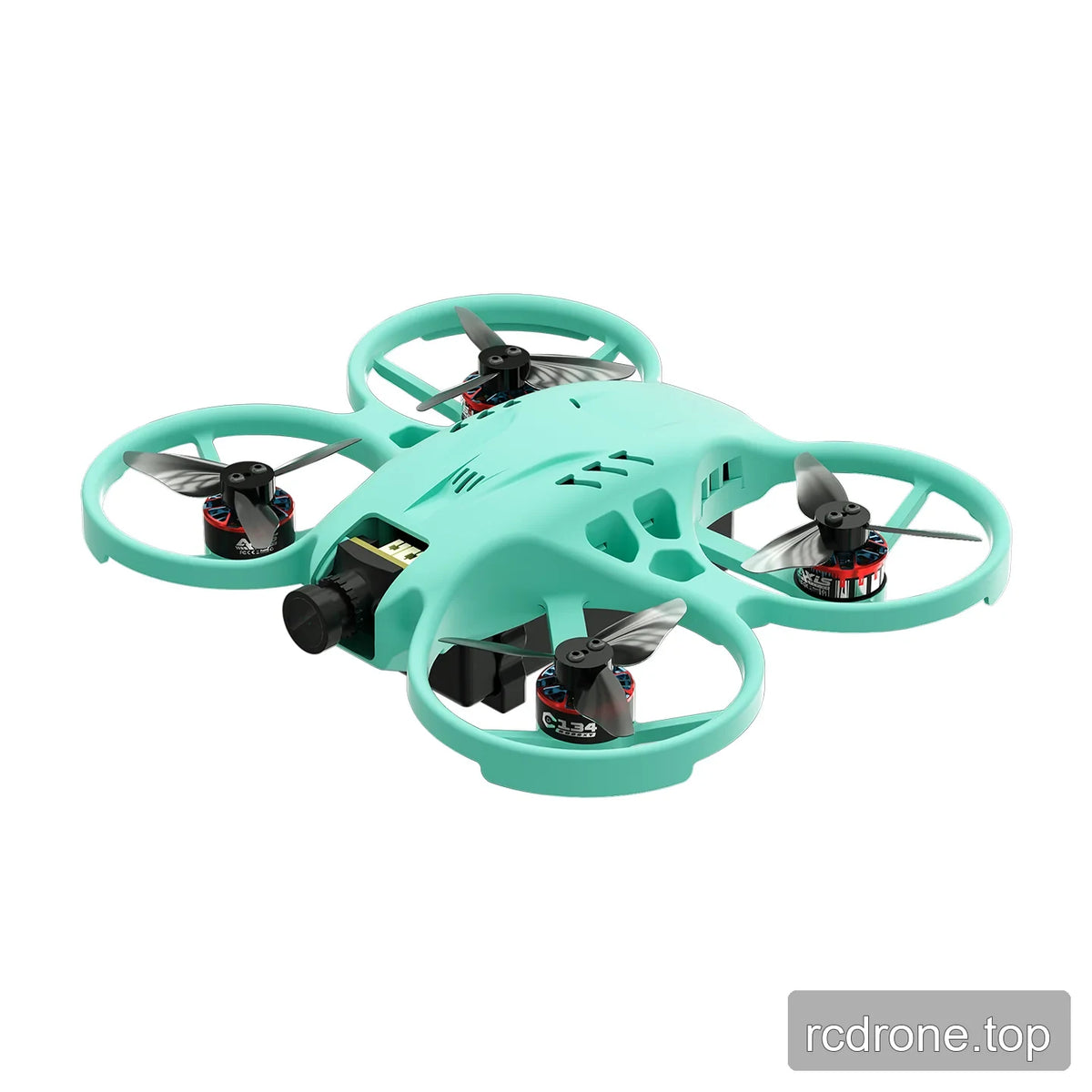 Front-left three-quarter view of the mint green ducted FPV drone, showing the camera mount and enclosed propellers.