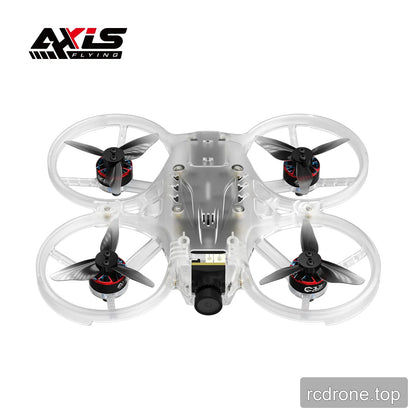 Clear translucent ducted FPV drone shown from above, with four black propellers and a front-facing camera.