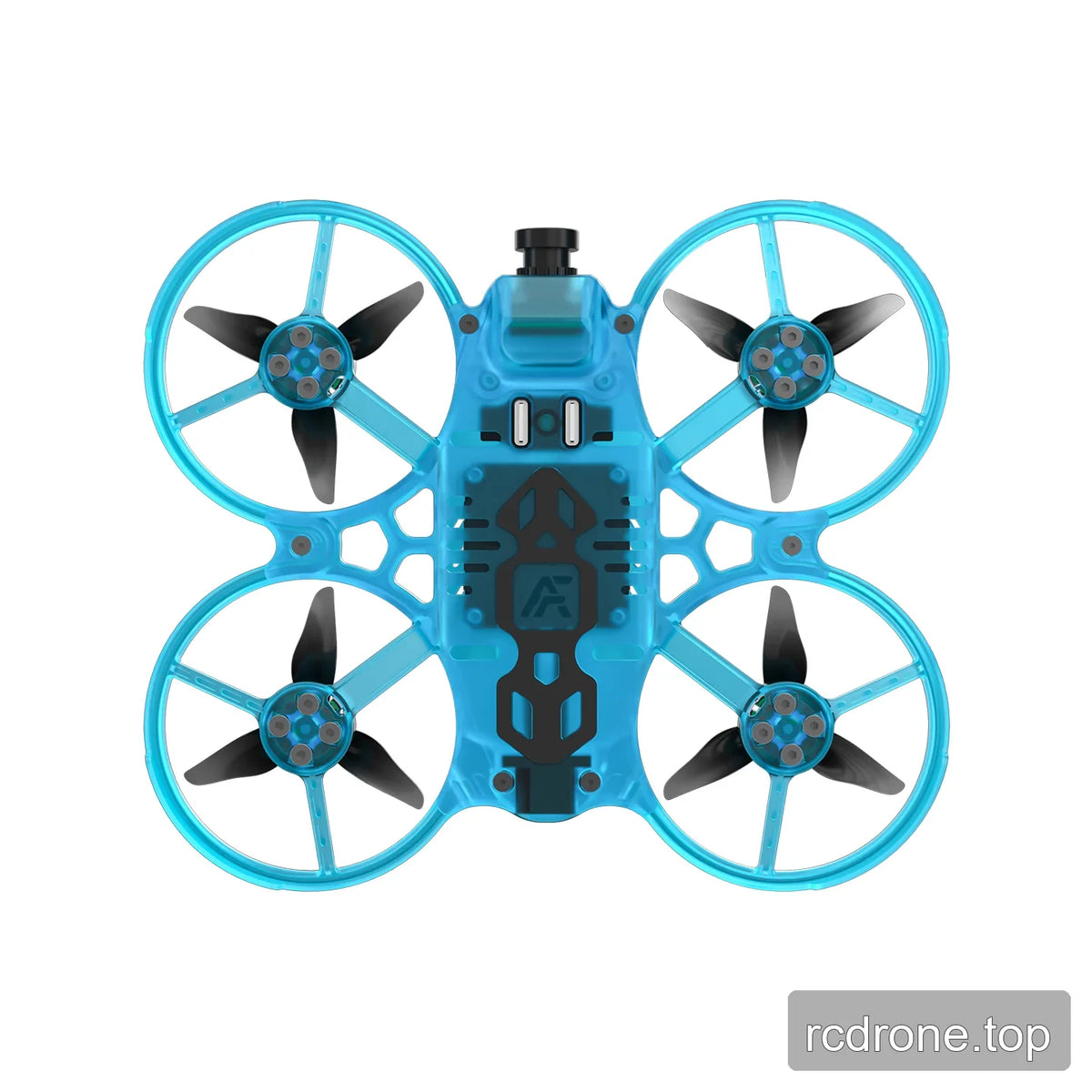 Underside of the blue translucent ducted FPV drone, showing four propellers, motor mounts, bottom plate, and camera.