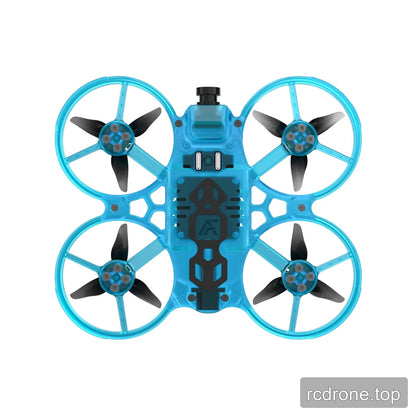 Underside of the blue translucent ducted FPV drone, showing four propellers, motor mounts, bottom plate, and camera.