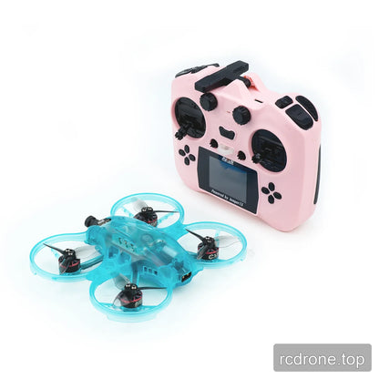 Blue translucent ducted FPV drone displayed beside a pink radio controller with a screen, switches, and control sticks.