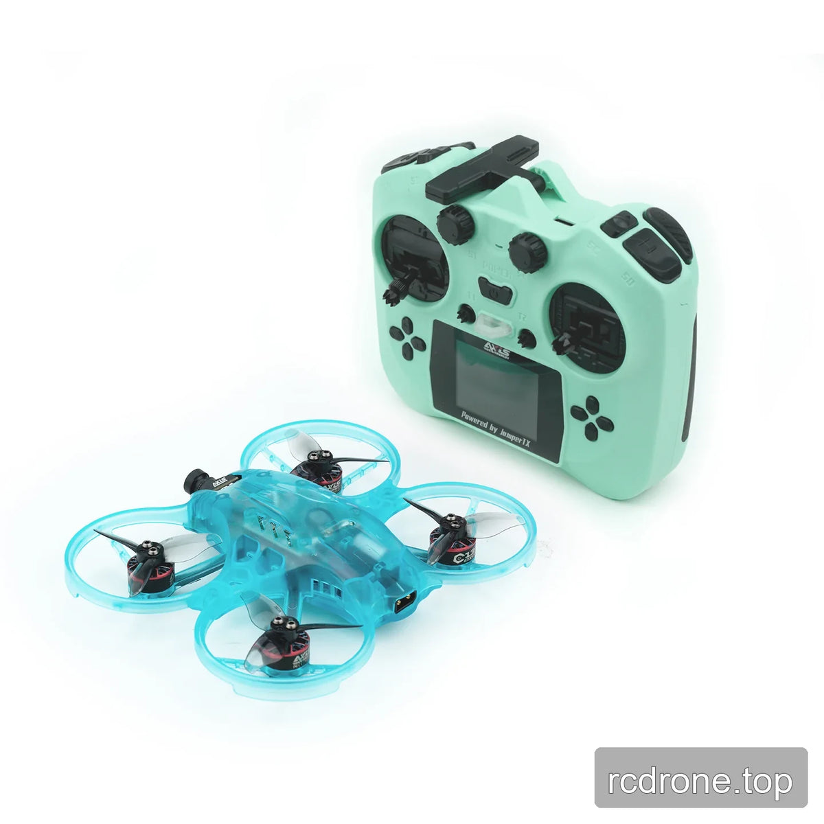 Blue translucent ducted FPV drone displayed beside a mint green radio controller with a screen, switches, and control sticks.