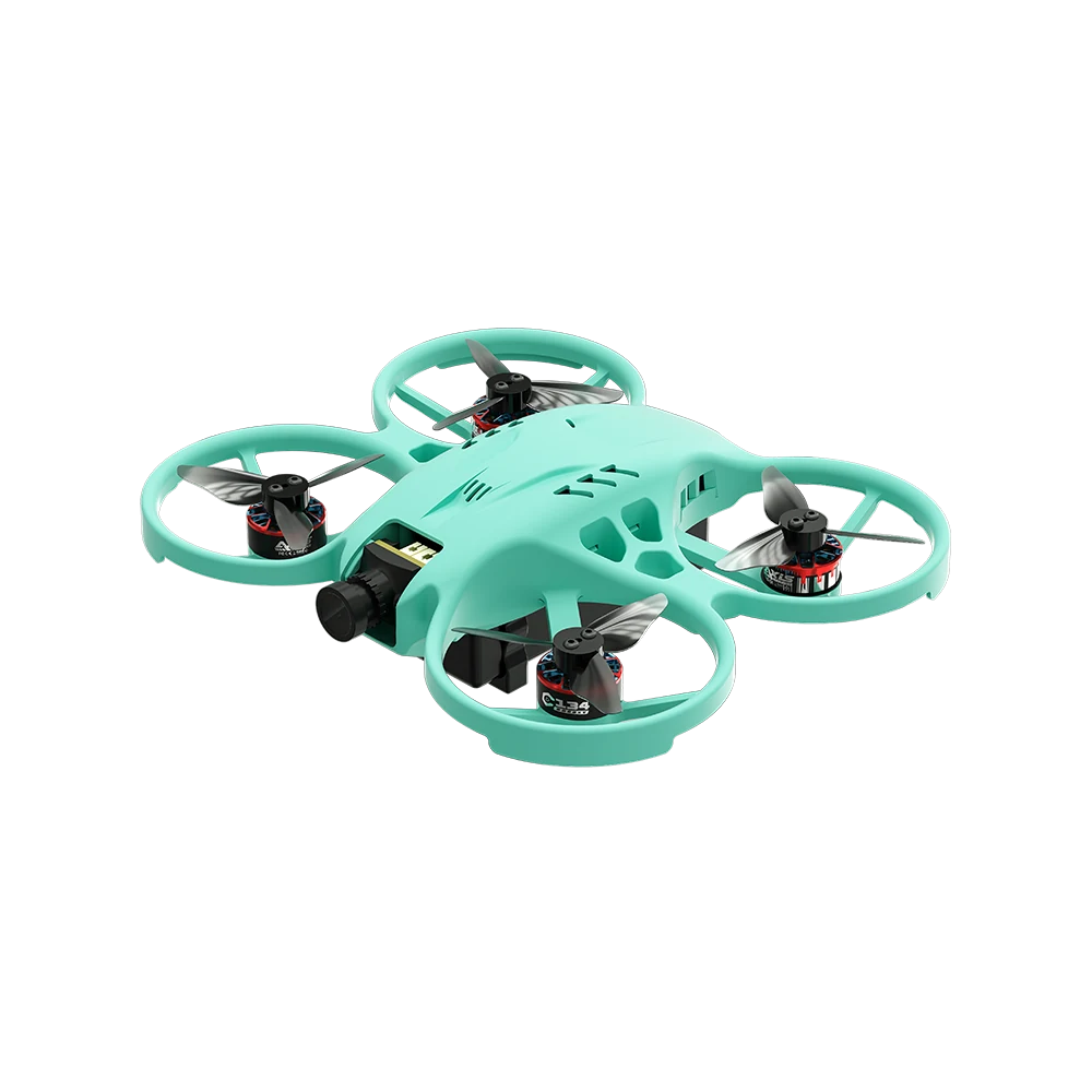 Mint green ducted FPV drone shown from a front three-quarter angle with four black propellers and front camera.