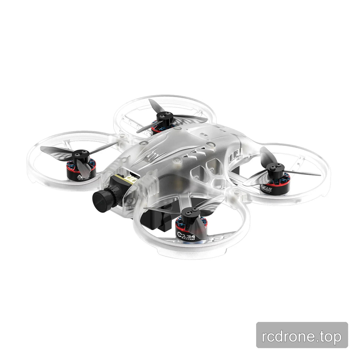 Clear translucent ducted FPV drone in a front three-quarter view, with visible camera, ducts, and four propellers.