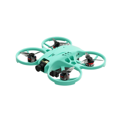 Mint green ducted FPV drone shown from a front three-quarter angle with four black propellers and front camera.