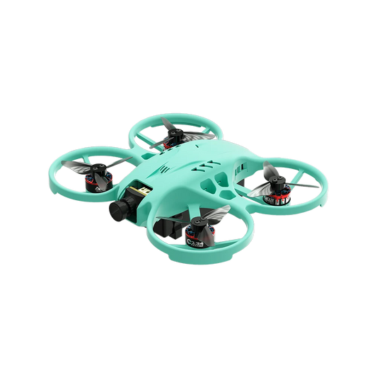 Mint green ducted FPV drone shown from a front three-quarter angle with four black propellers and front camera.