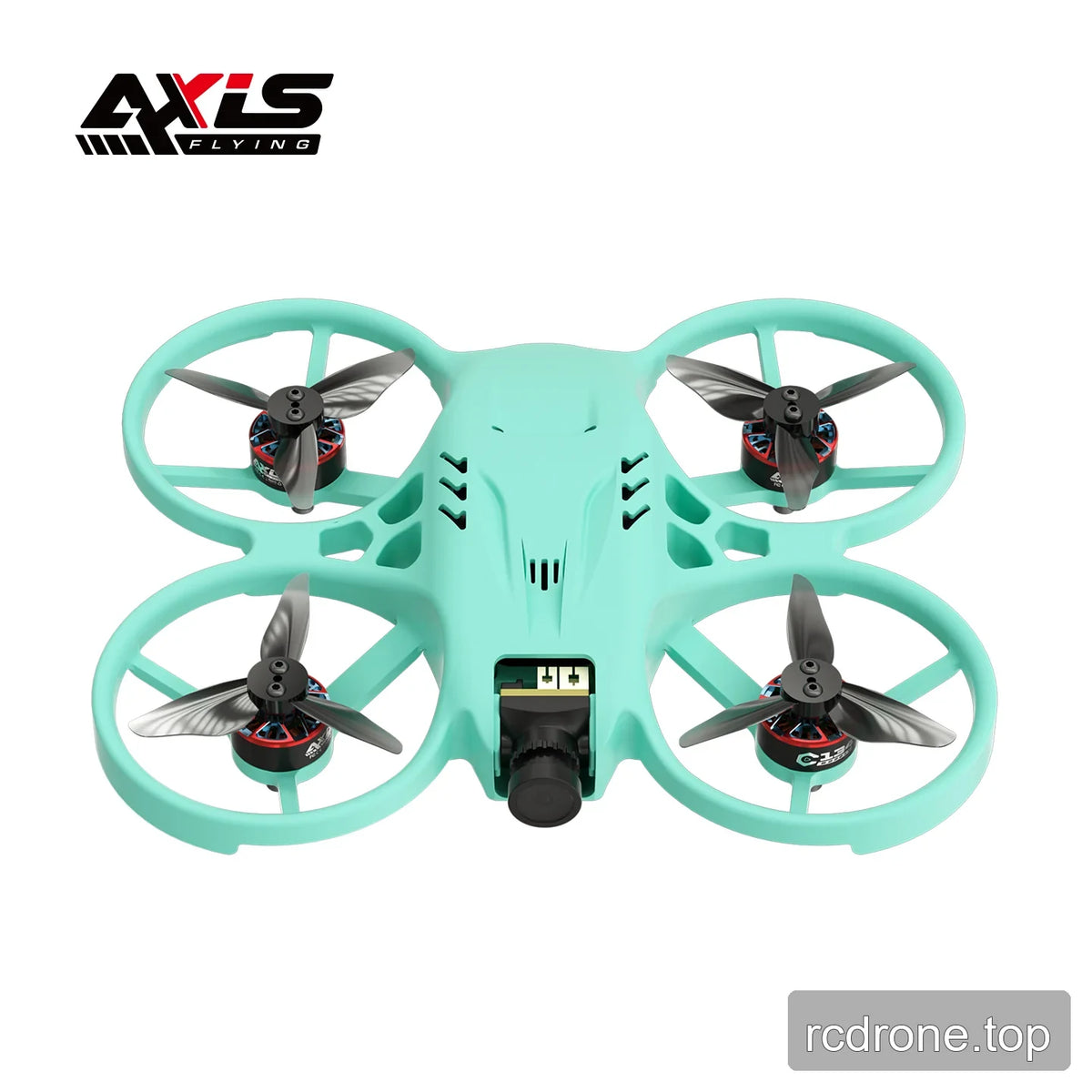 Top-front view of the mint green ducted FPV drone, showing four propellers, protective ducts, and front camera.