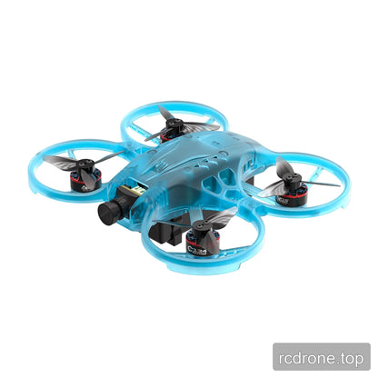 Blue translucent ducted FPV drone shown from a front three-quarter angle with black propellers and front camera.