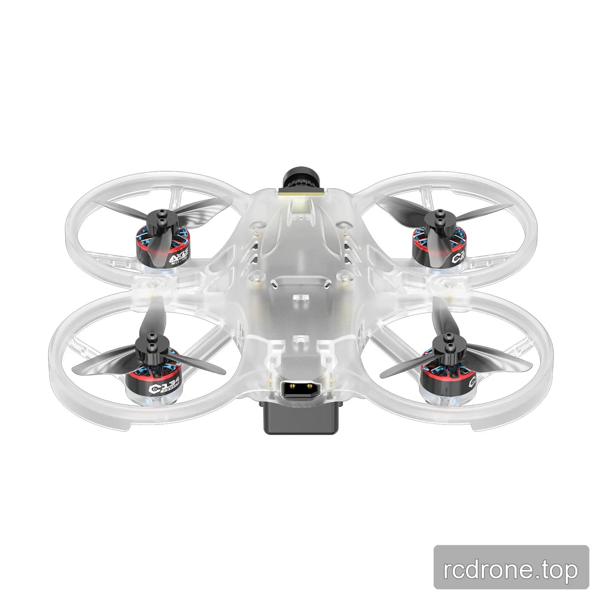 Rear view of the clear translucent ducted FPV drone, showing its propeller guards, rear battery area, and camera housing.