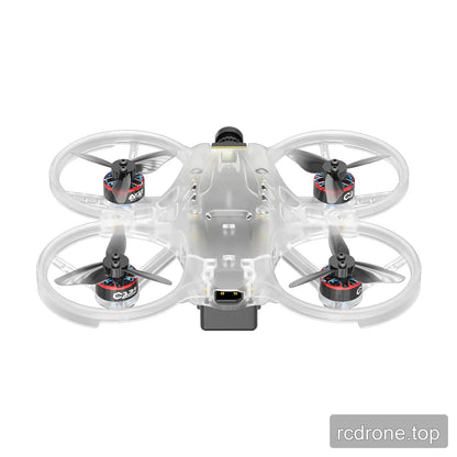 Rear view of the clear translucent ducted FPV drone, showing its propeller guards, rear battery area, and camera housing.