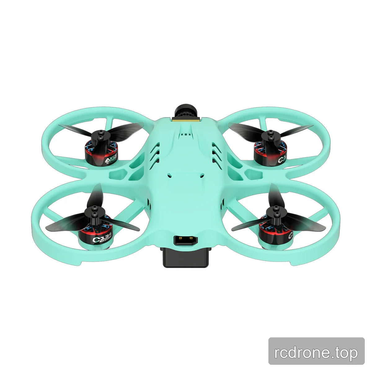 Rear view of the mint green ducted FPV drone, showing the propeller guards, rear battery area, and camera housing.