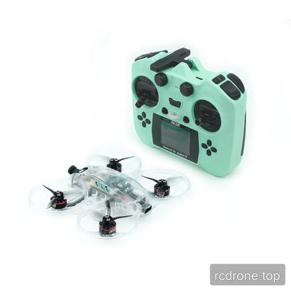 Clear translucent ducted FPV drone displayed beside a mint green radio controller with a screen, switches, and control sticks.