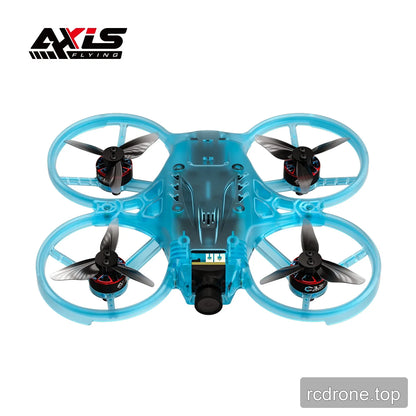 Blue translucent ducted FPV drone shown from above, with four black propellers and front-facing camera assembly.