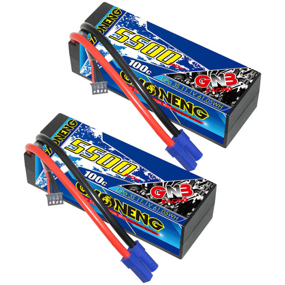 Two GAONENG GNB 5500mAh 3S hard case LiPo batteries with EC5 connectors shown together