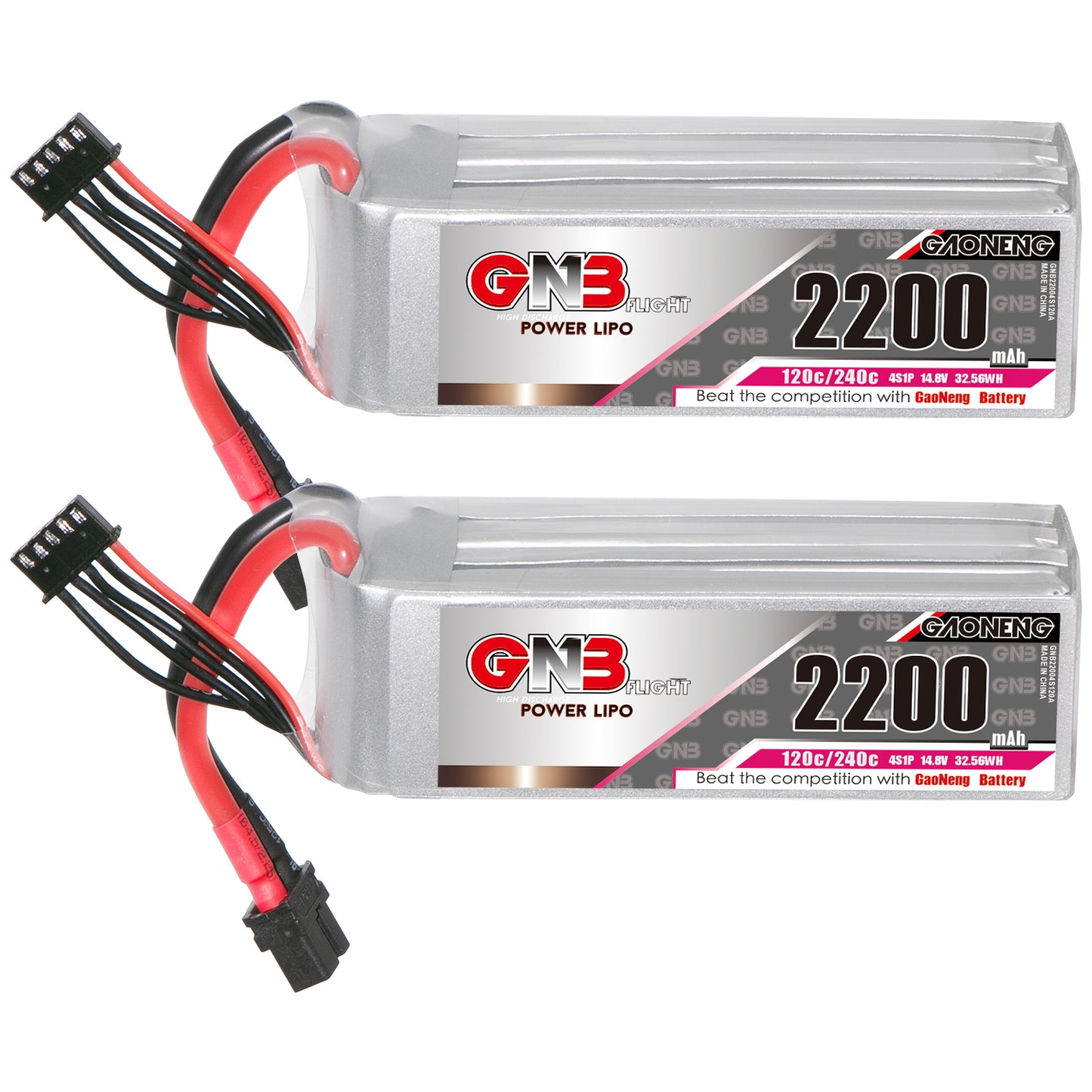 Two GAONENG GNB 4S 2200mAh 120C LiPo batteries side by side with front labels visible