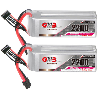 Two GAONENG GNB 4S 2200mAh 120C LiPo batteries side by side with front labels visible