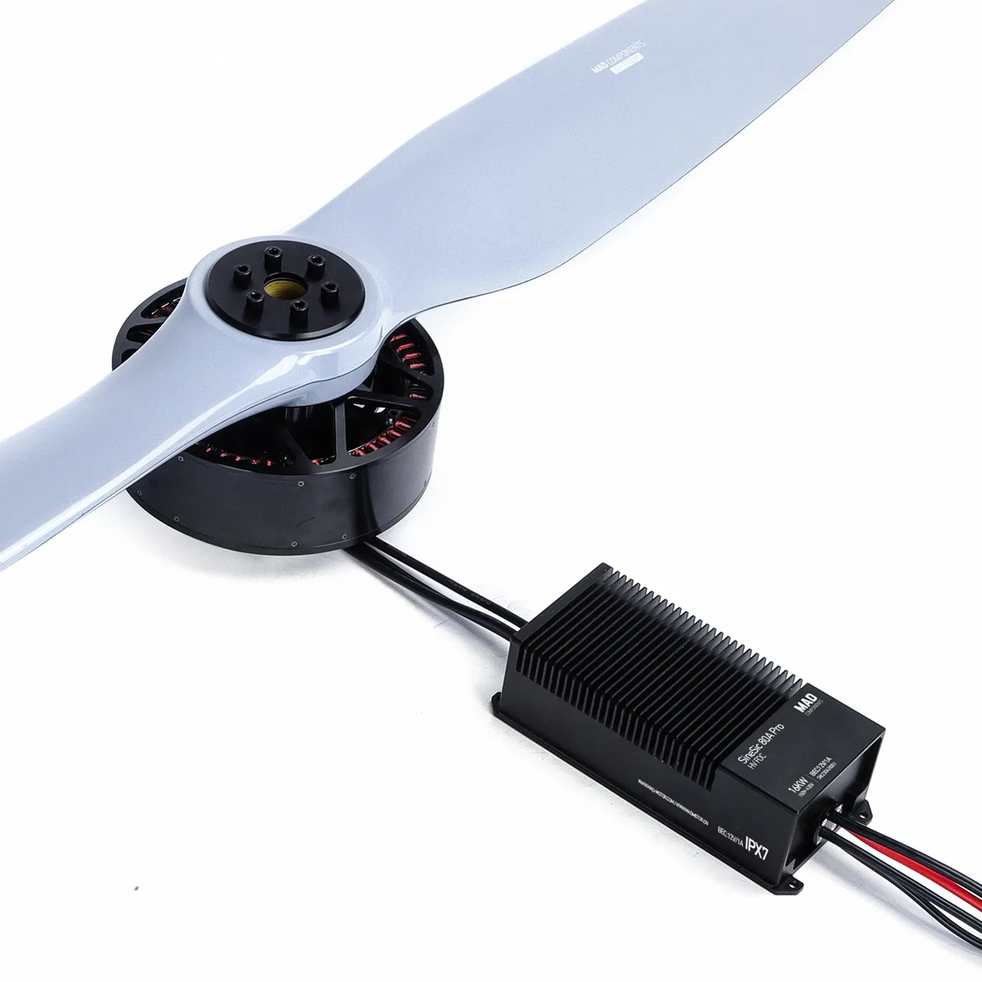 MAD HB40 drone power combo with brushless motor, mounted propeller, and wired black ESC controller