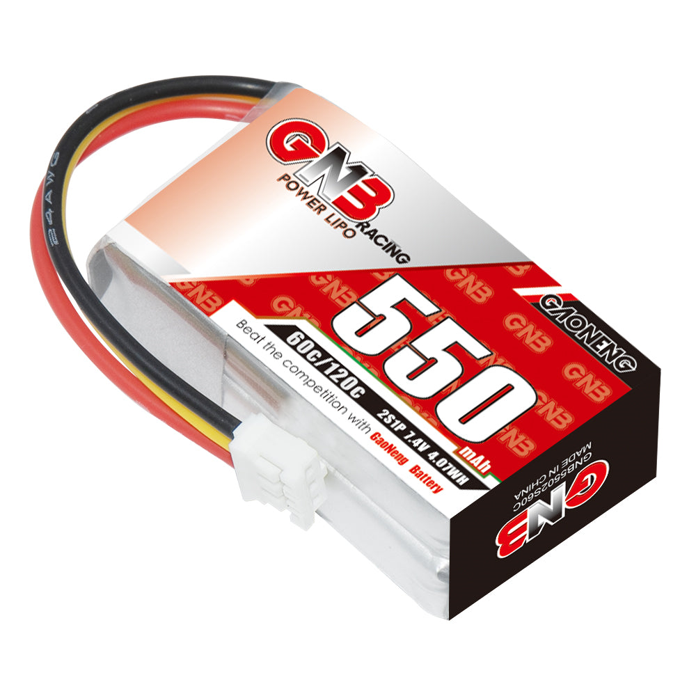 GAONENG GNB 2S 7.4V 550mAh 60C LiPo battery close-up showing GN3 label, wires and PH2.0 connector