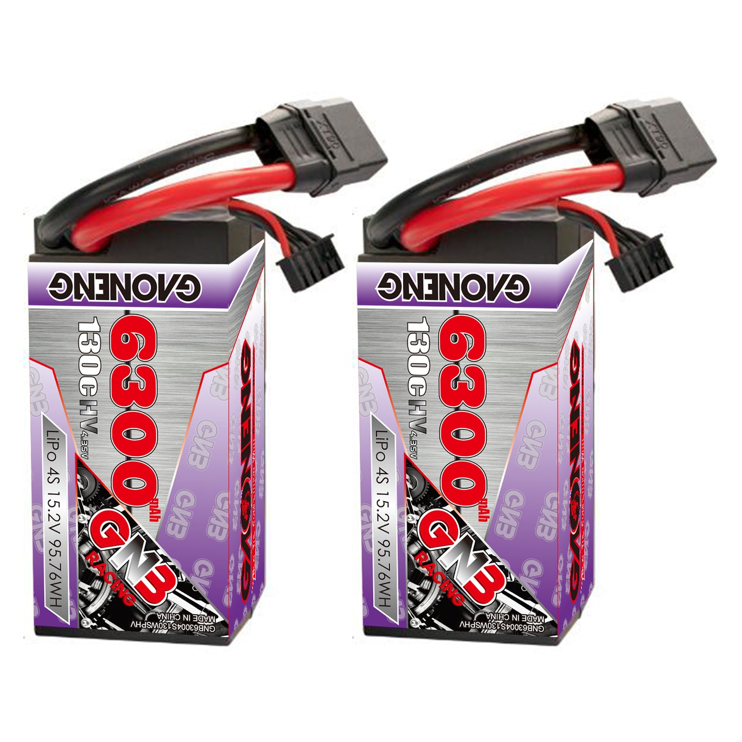 Two GAONENG GNB 6300mAh 4S LiHV hard case battery packs shown upright with leads on top