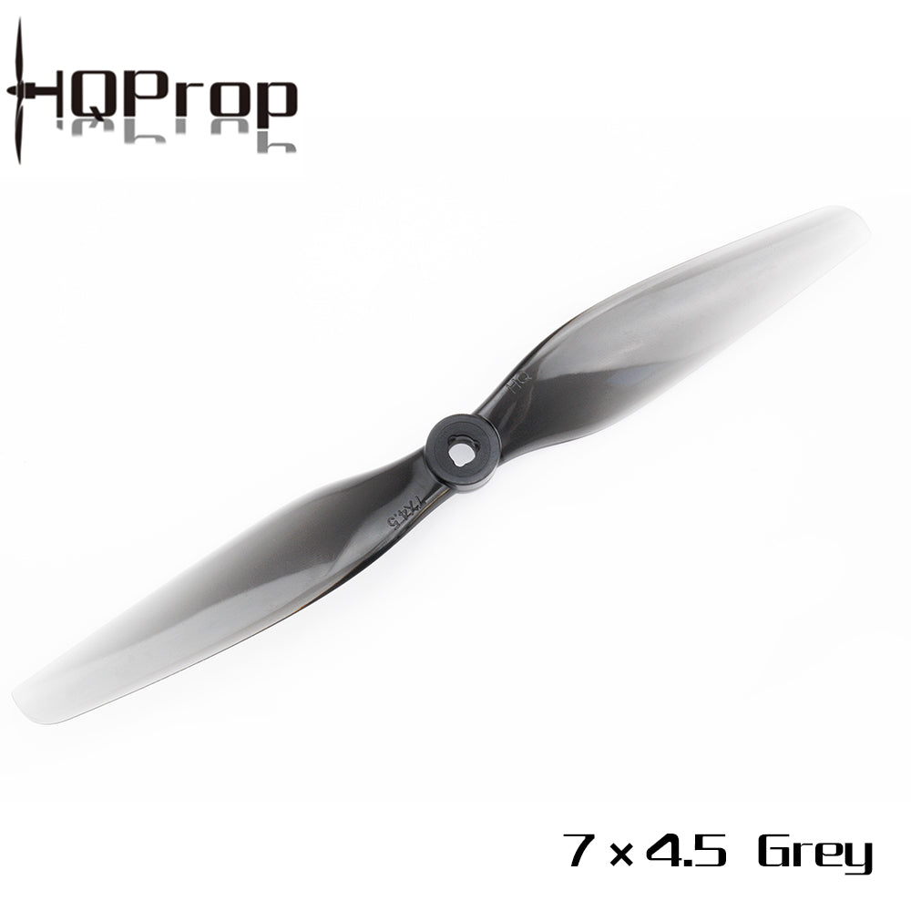 Single HQProp 7x4.5 grey propeller close-up with hub detail and printed 7x4.5 marking