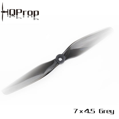 Single HQProp 7x4.5 grey propeller close-up with hub detail and printed 7x4.5 marking