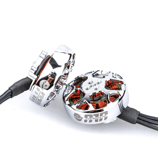 Flywoo NIN 2104 Ultralight FPV Motor, Pair of Flywoo NIN 2104 ultralight FPV drone motors with polished silver housings, copper windings, and lead wires