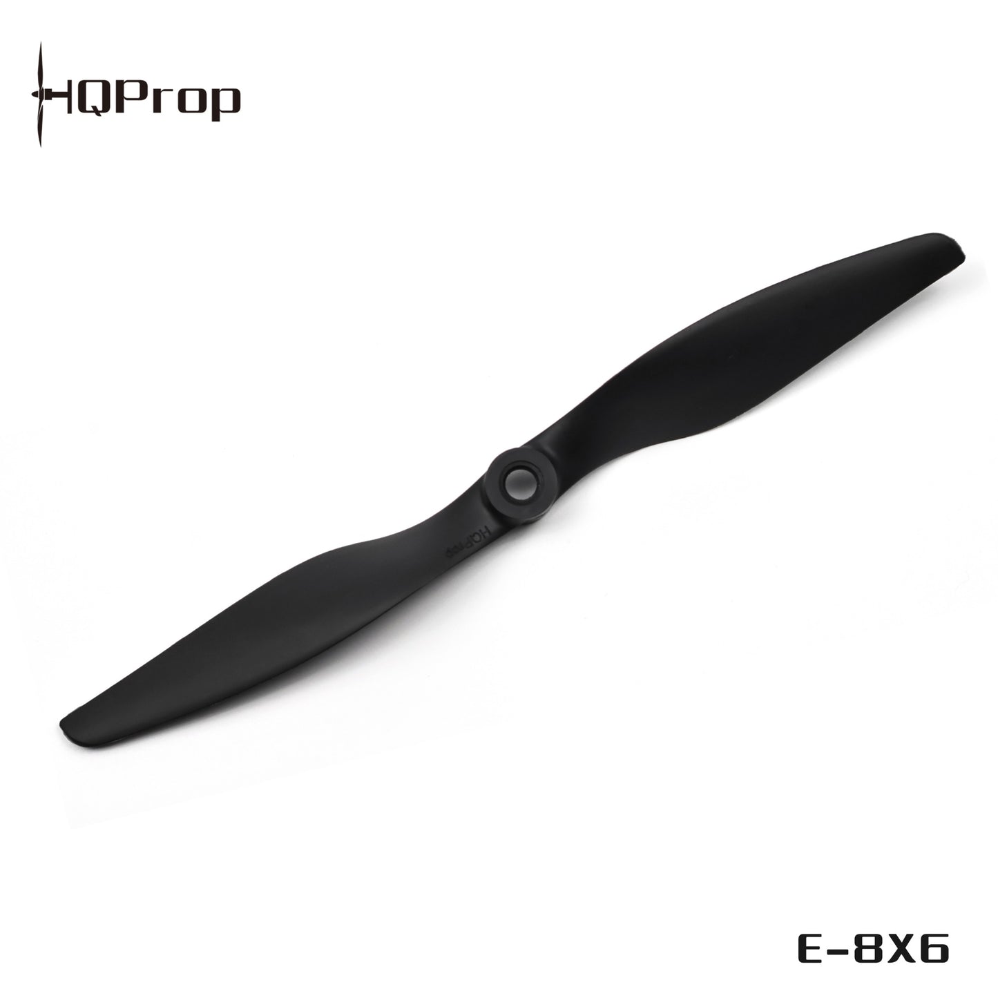 HQProp E-8X6 black two-blade propeller with printed HQProp logo and E-8X6 label