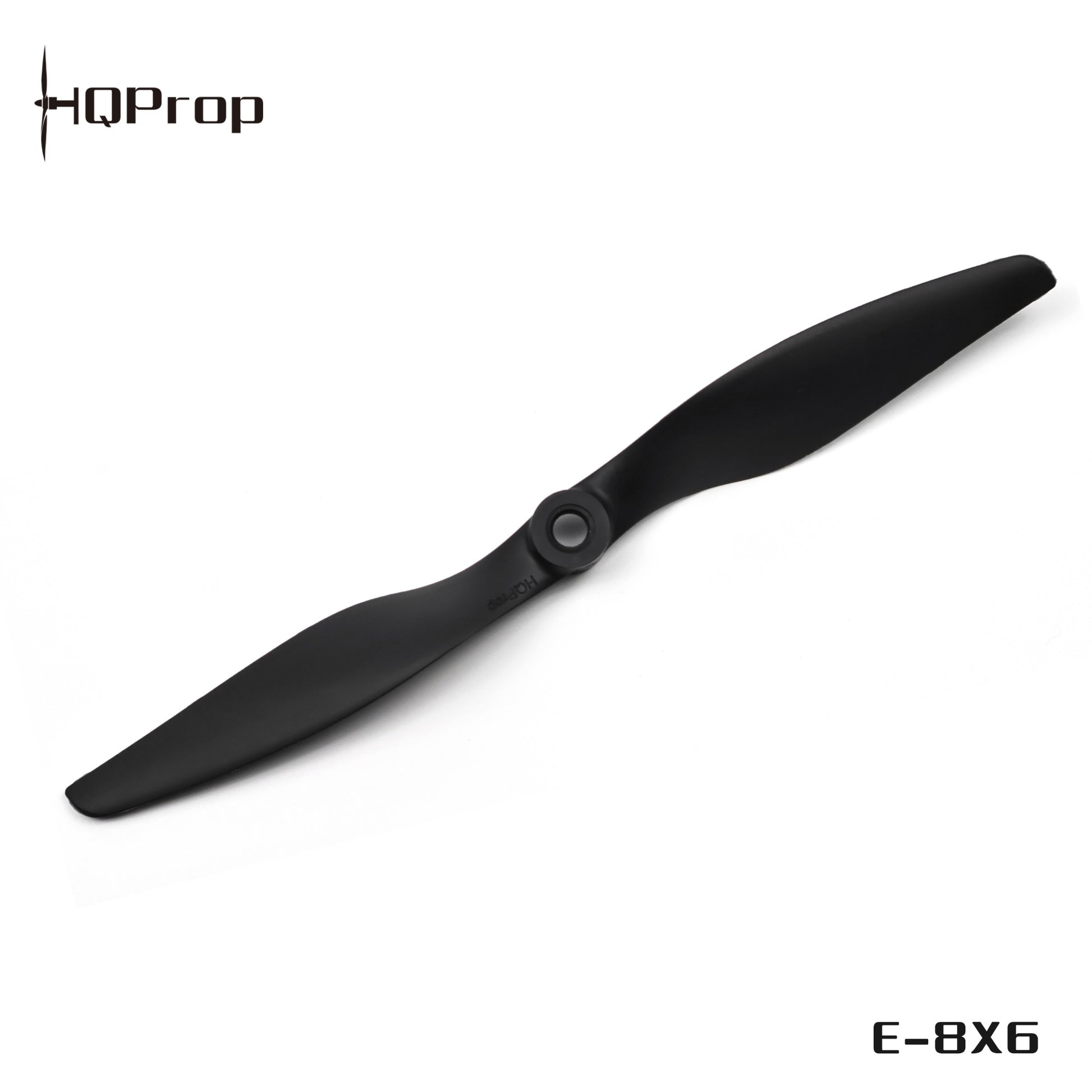 HQProp E-8X6 black two-blade propeller with printed HQProp logo and E-8X6 label