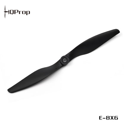 HQProp E-8X6 black two-blade propeller with printed HQProp logo and E-8X6 label