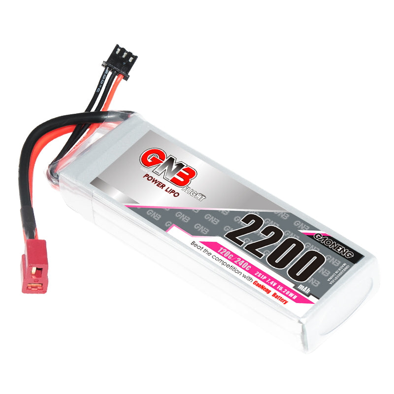 GAONENG GNB 2S 7.4V 2200mAh 120C LiPo Battery angled view with T-plug and balance lead