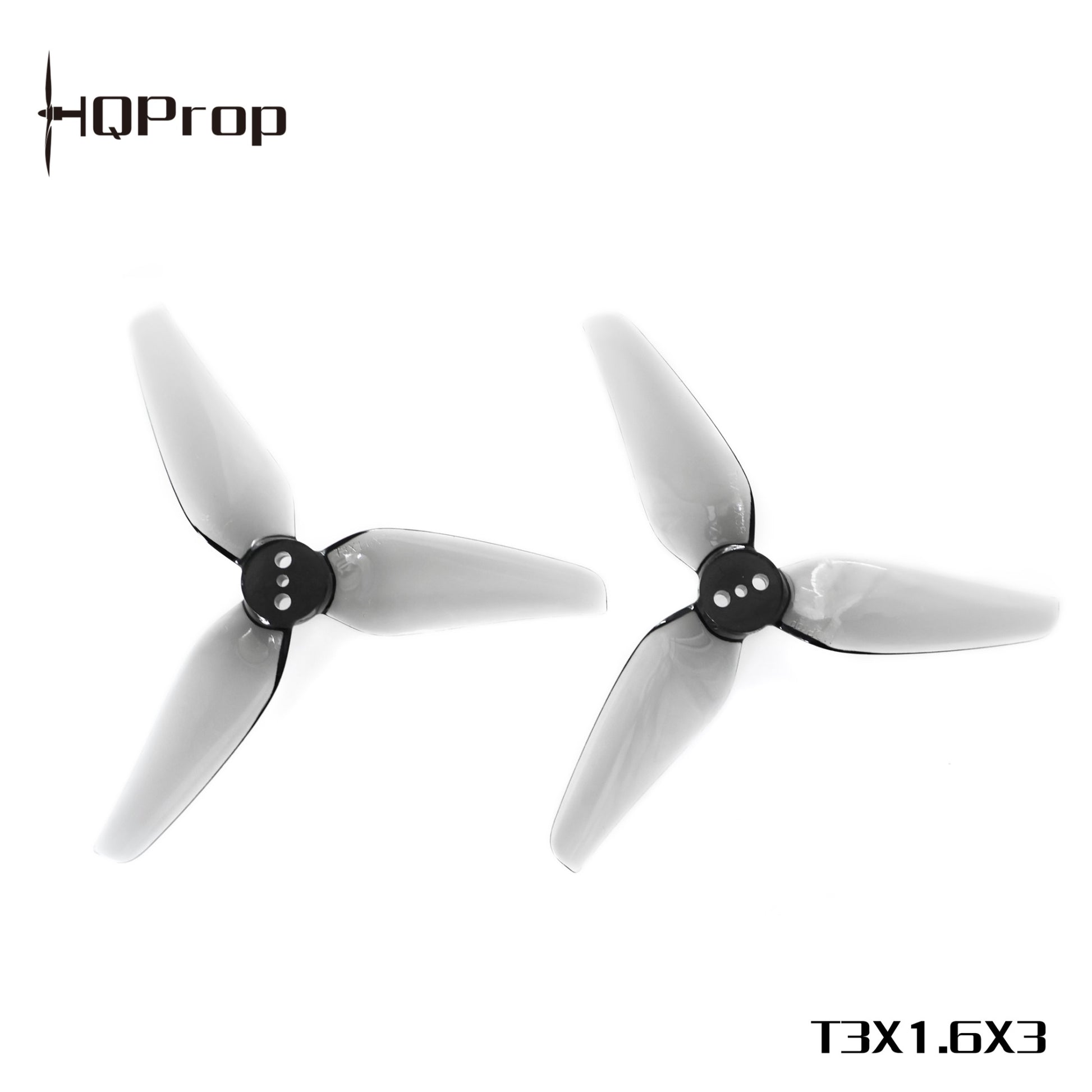 Two grey HQProp T3X1.6X3 3-blade 3-inch propellers on white background with model text